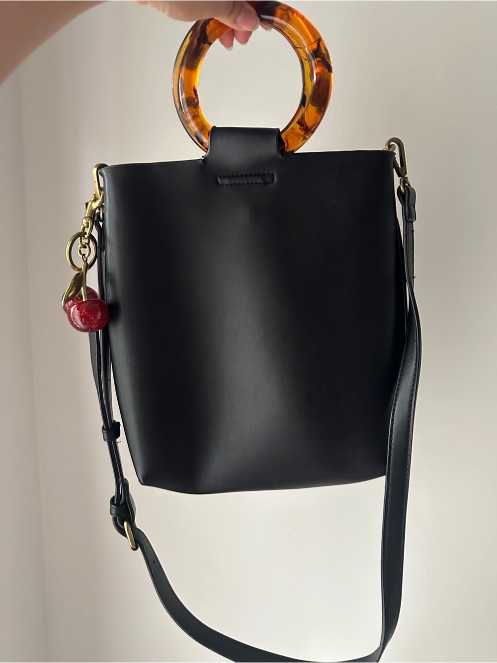 Anthropologie Black Leather Bucket Bag with Tortoiseshell Handle
